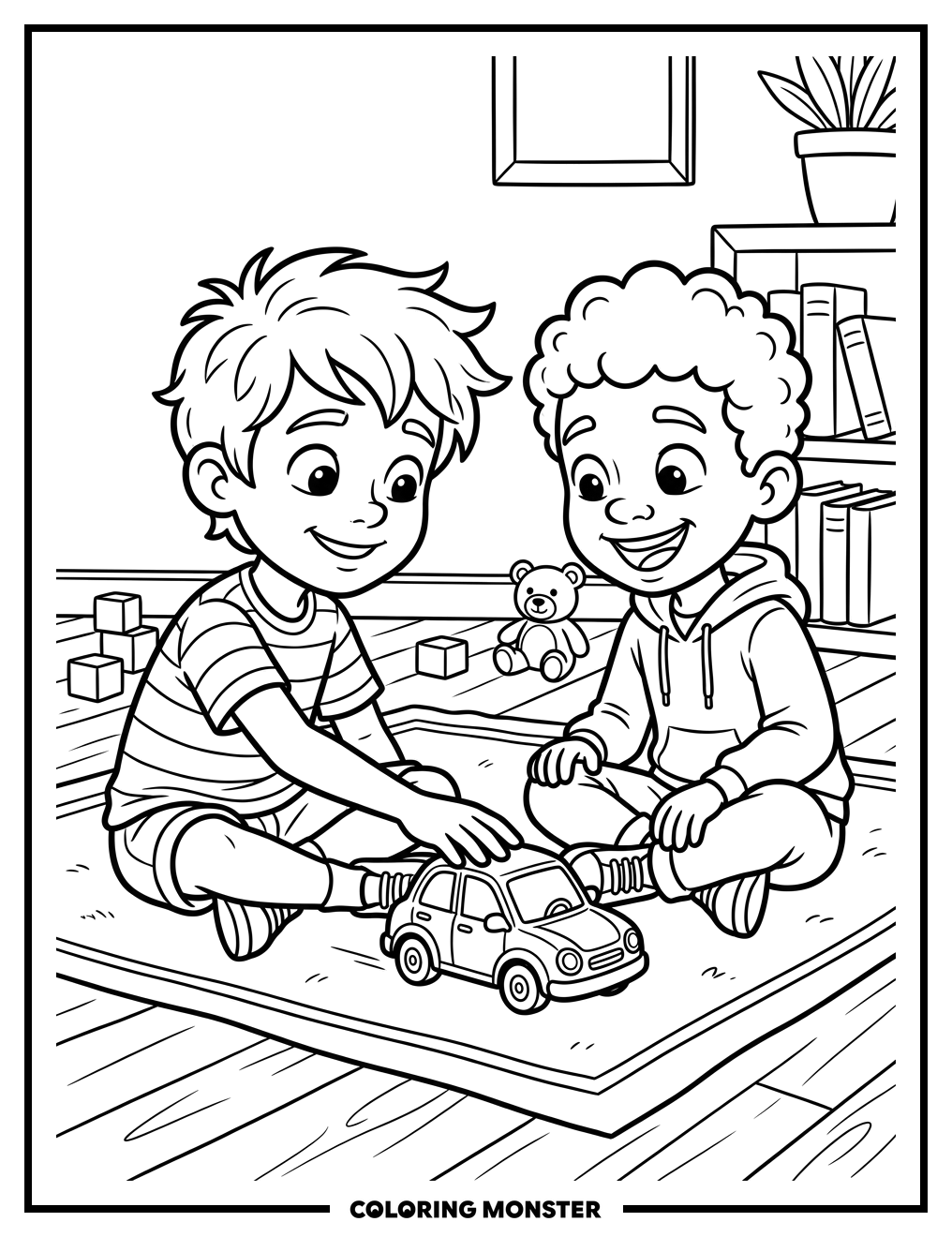 Two Friends Play With Toy Car Coloring Page