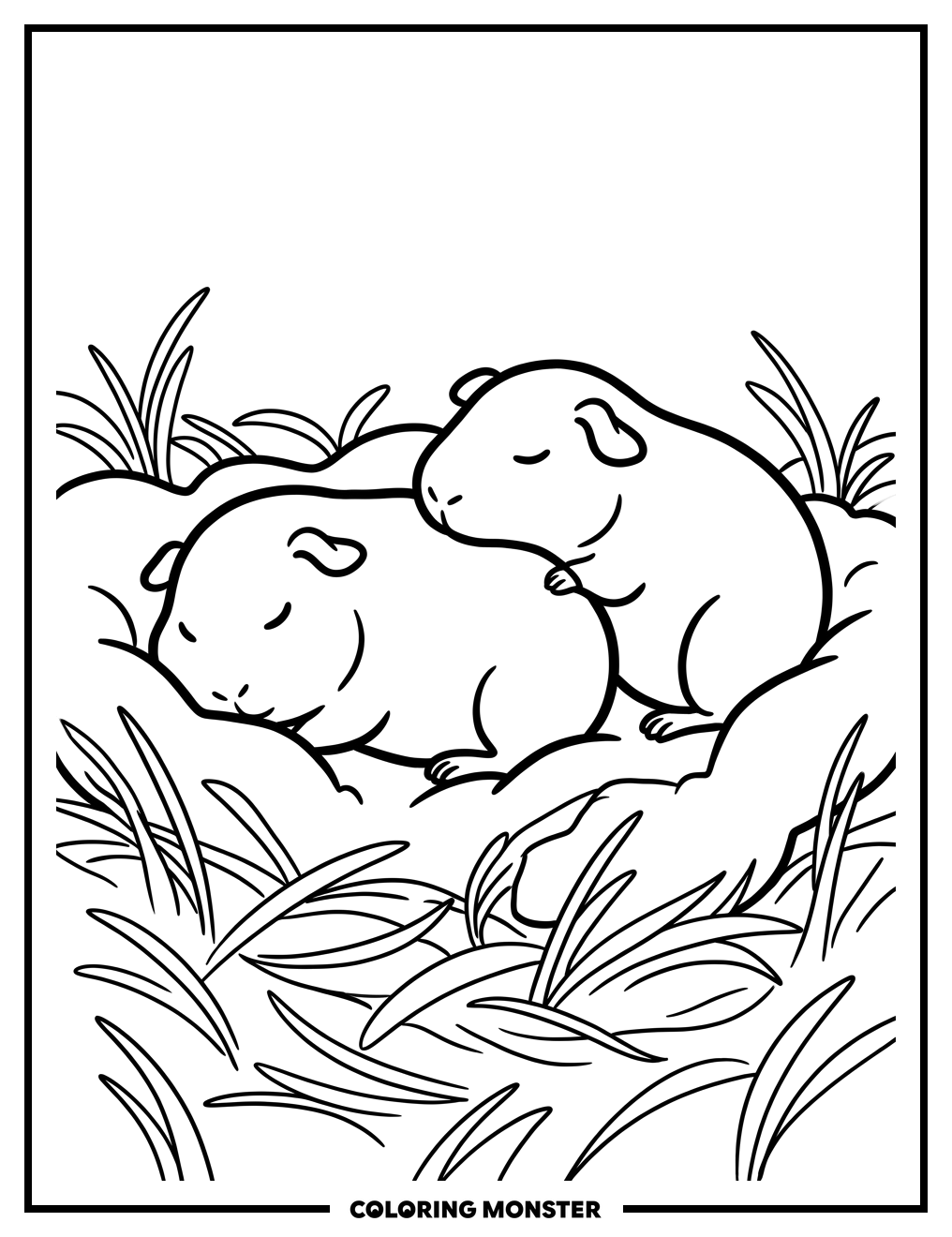 Two Guinea Pigs Napping in Hay Coloring Page