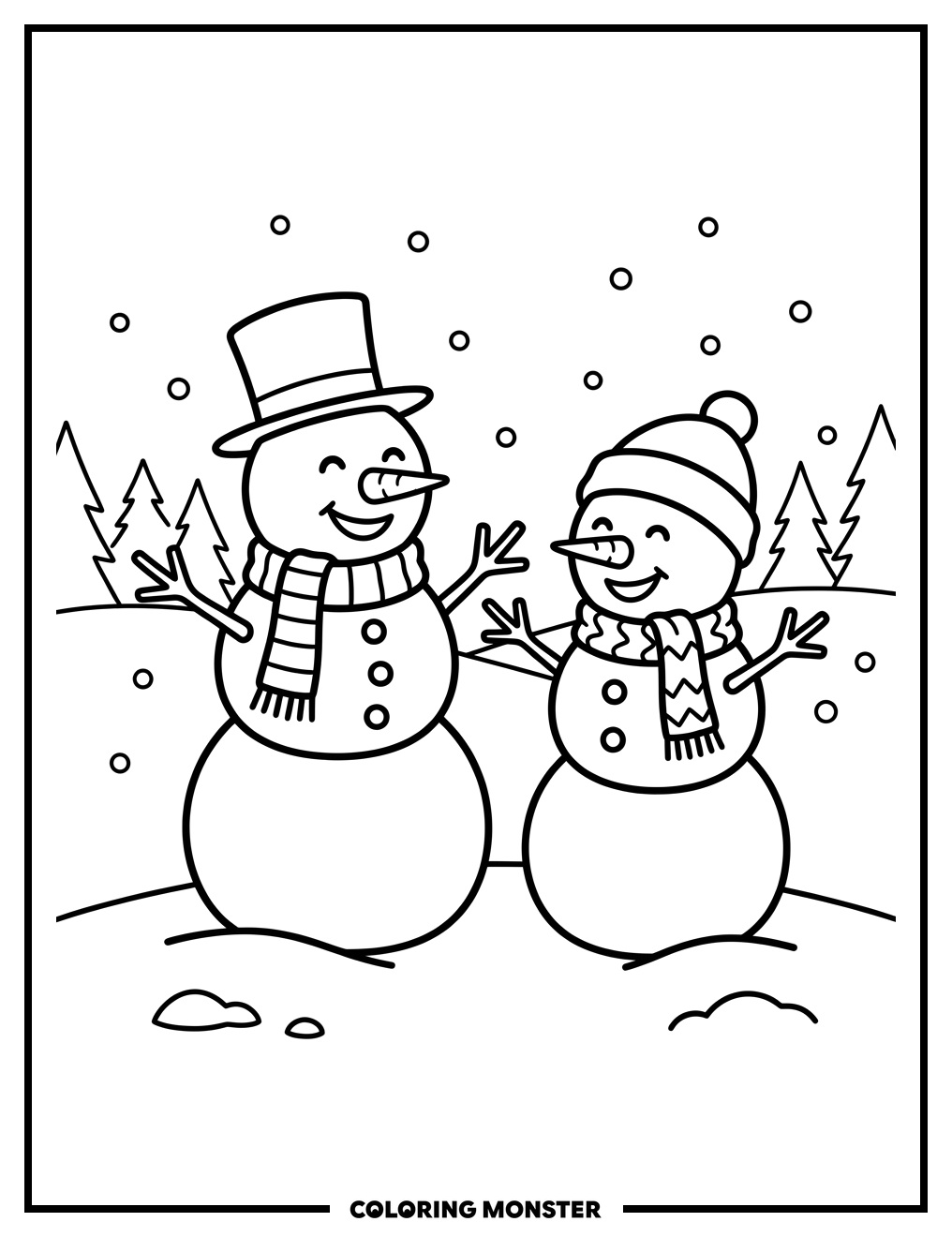 Two Happy Snowmen Chatting Coloring Page