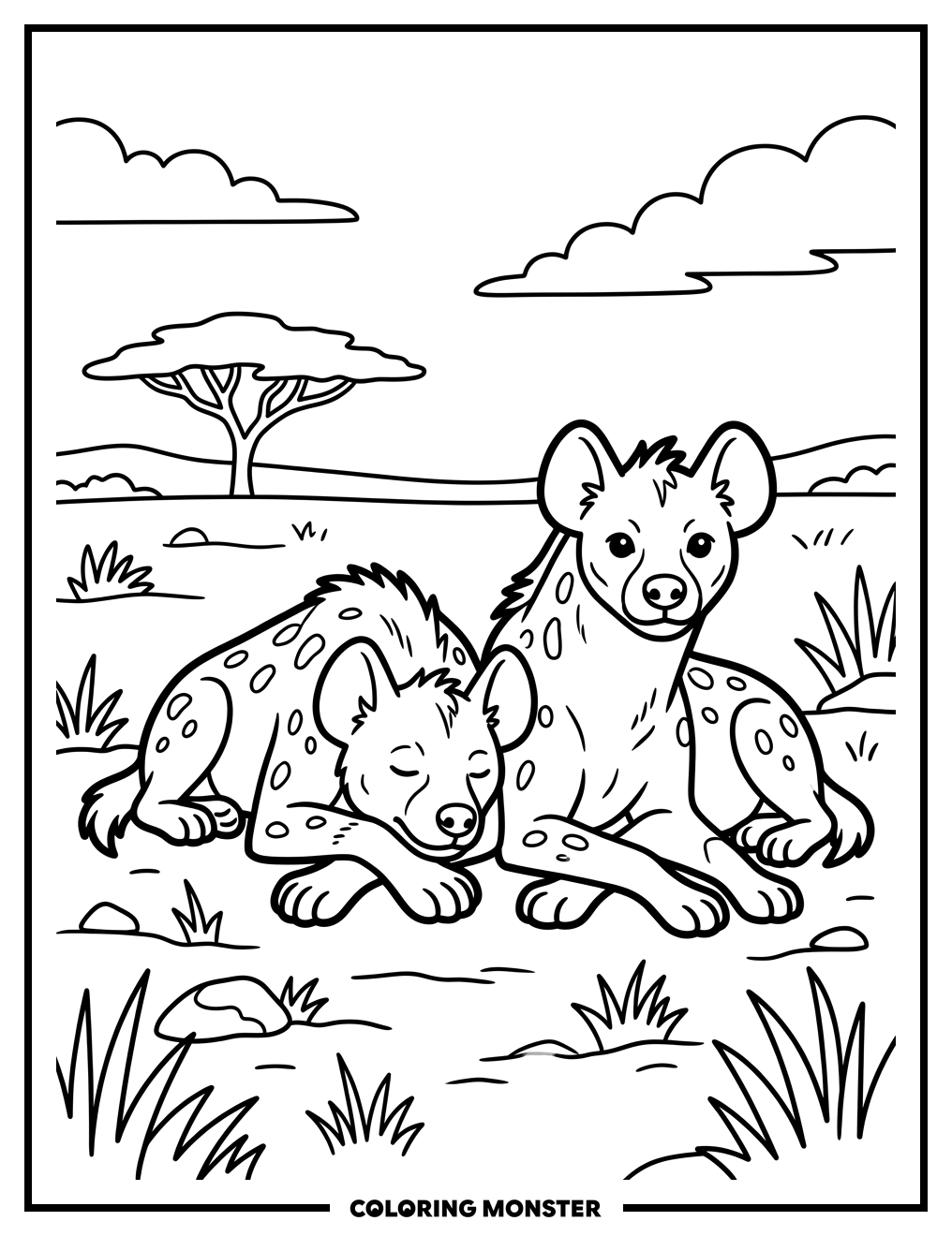 Two Hyenas Resting in the Savanna Coloring Page