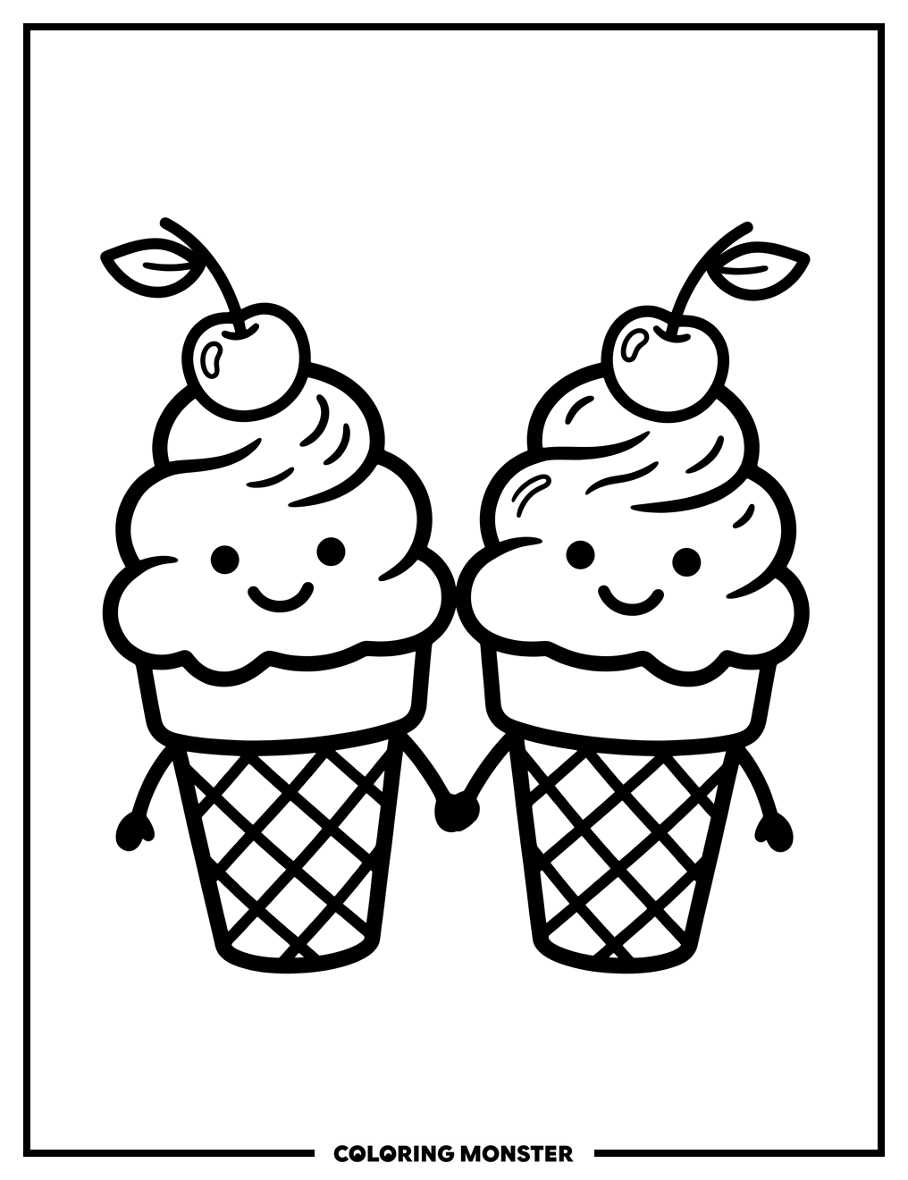 Two Ice Cream Cones Holding Hands Coloring Page