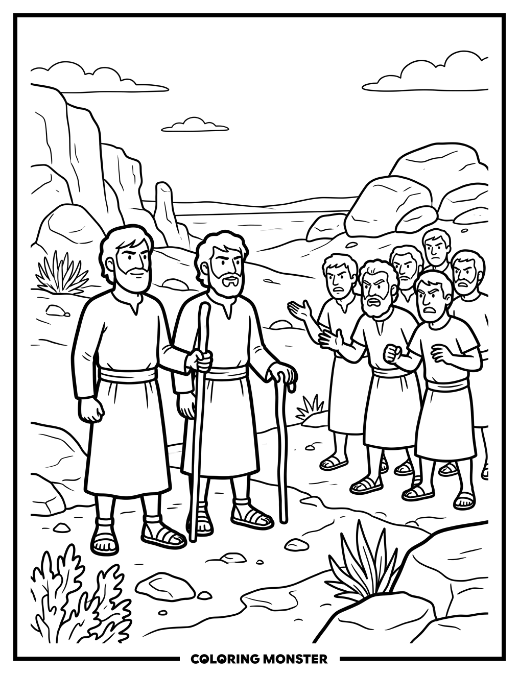 Two Men of Faith Confronting Spies Coloring Page