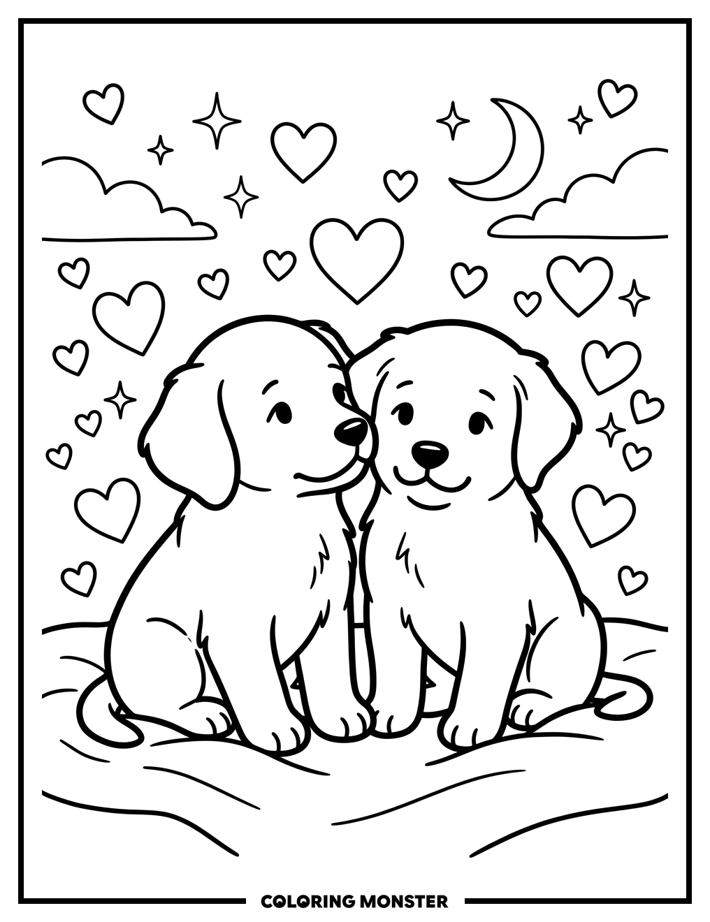 Two Puppies and Hearts Coloring Page