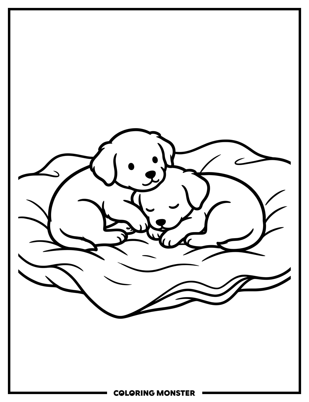 Two Puppies Snuggled on Blanket Coloring Page