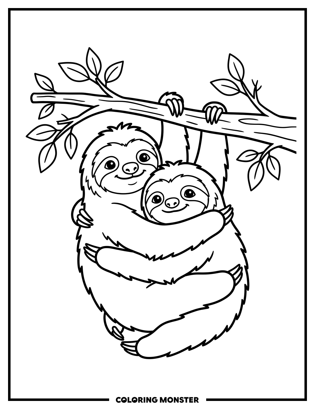 Two Sloths Hugging on a Branch Coloring Page
