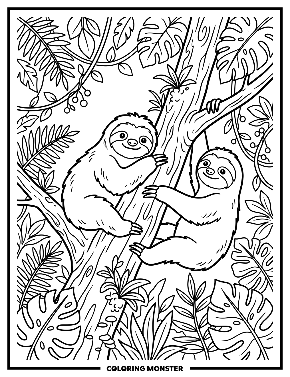 Two Sloths in the Jungle Coloring Page