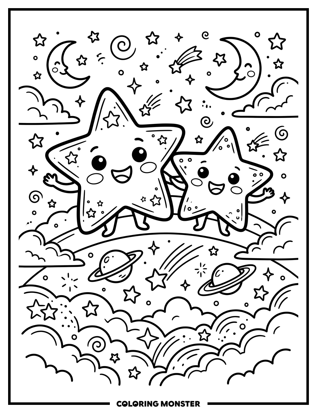 Two Smiling Stars in The Sky Coloring Page