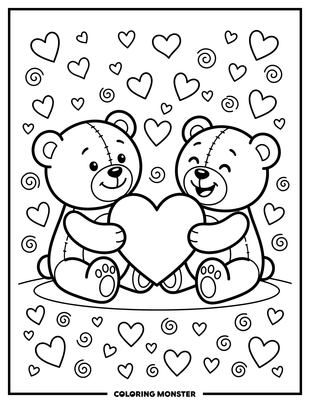 Two Teddy Bears Sharing a Heart Coloring Page