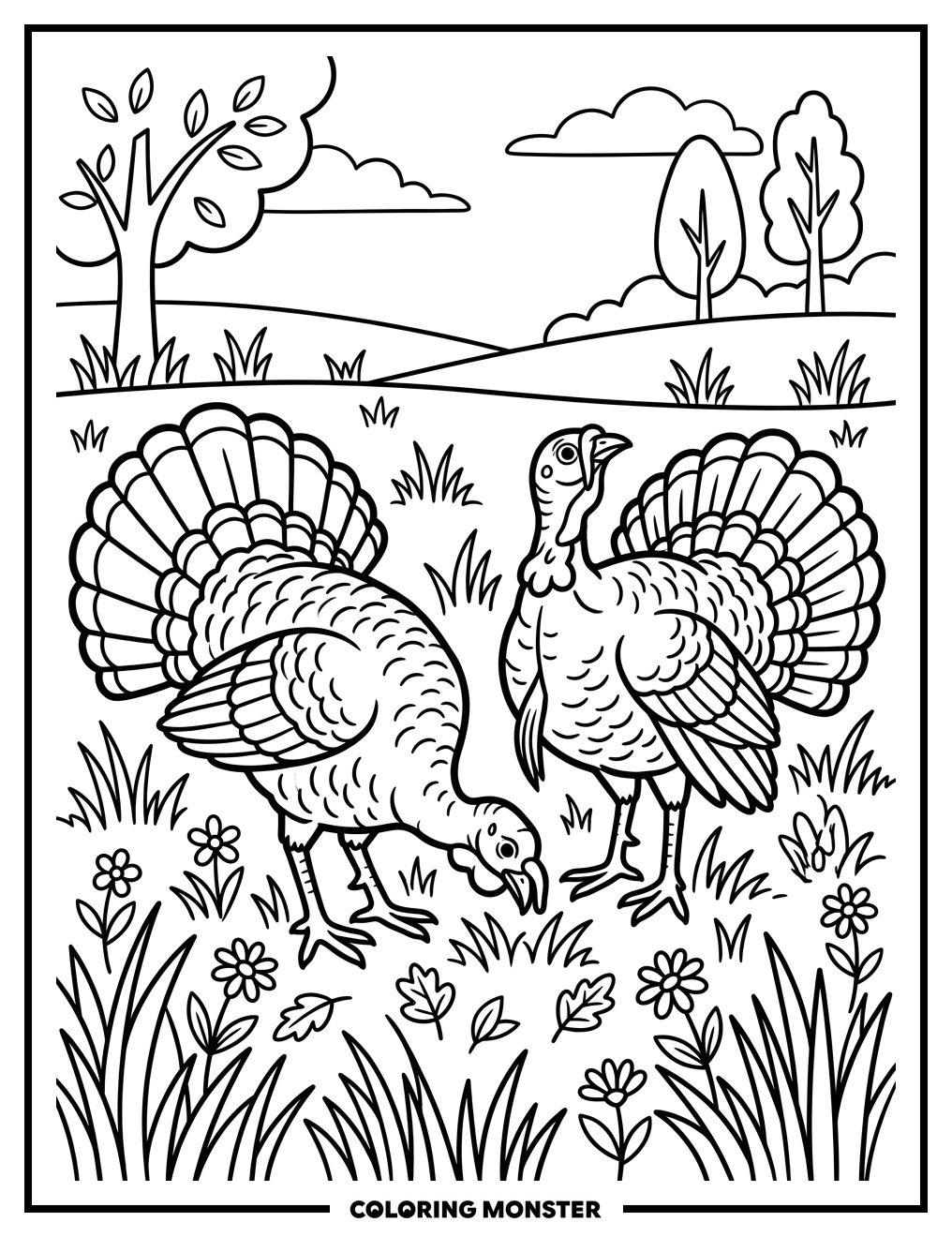 Two Wild Turkeys Foraging Coloring Page
