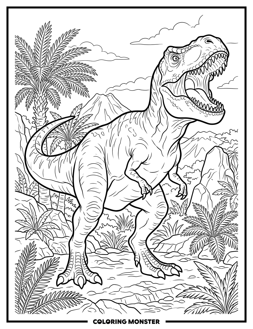 Tyrannosaurus Rex Roaring in Ancient Forest Coloring Page
