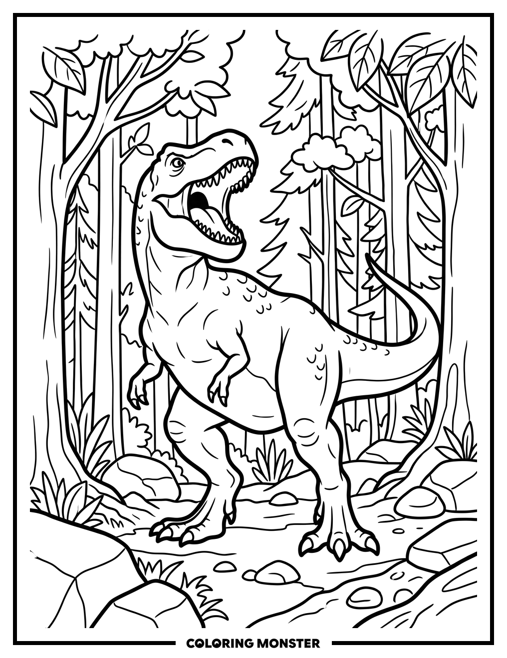 Tyrannosaurus Rex Roaring in Forest Coloring Page
