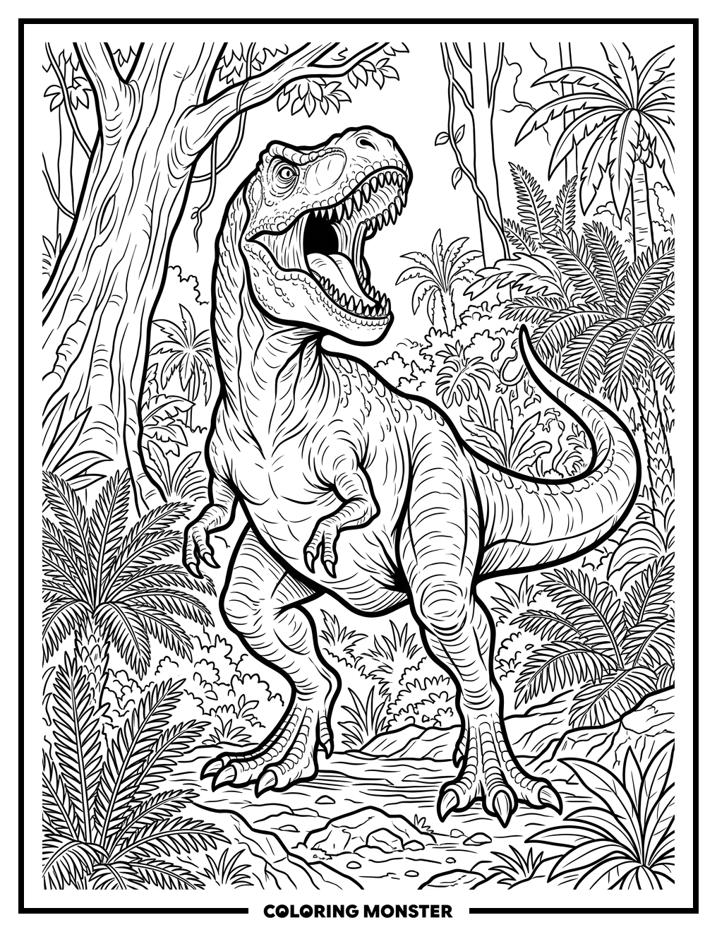 Tyrannosaurus Rex Roaring In Jungle Coloring Page