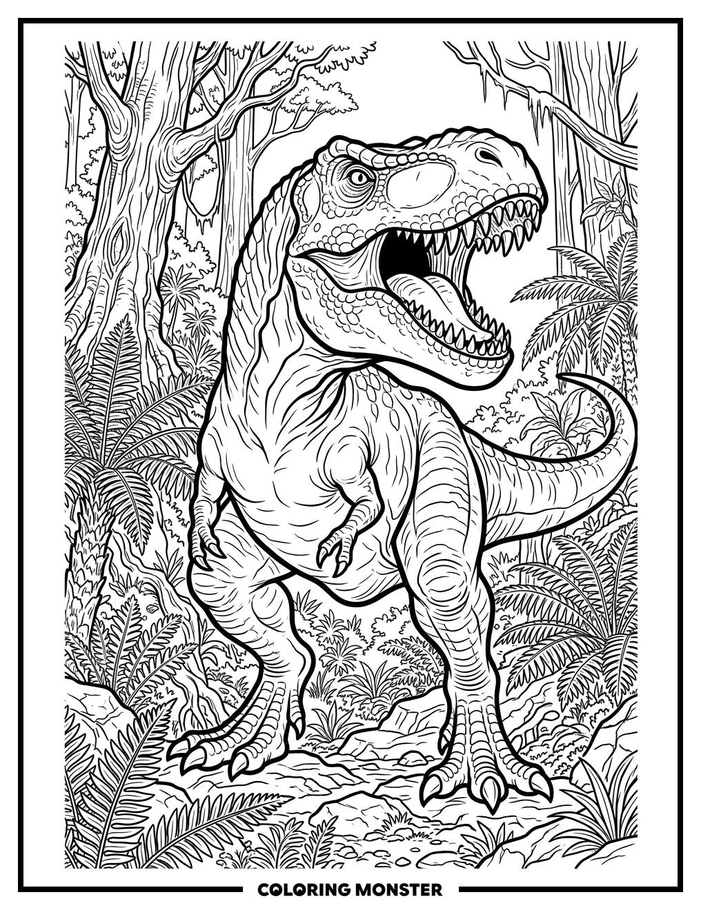 Tyrannosaurus Rex Roaring in Jungle Coloring Page