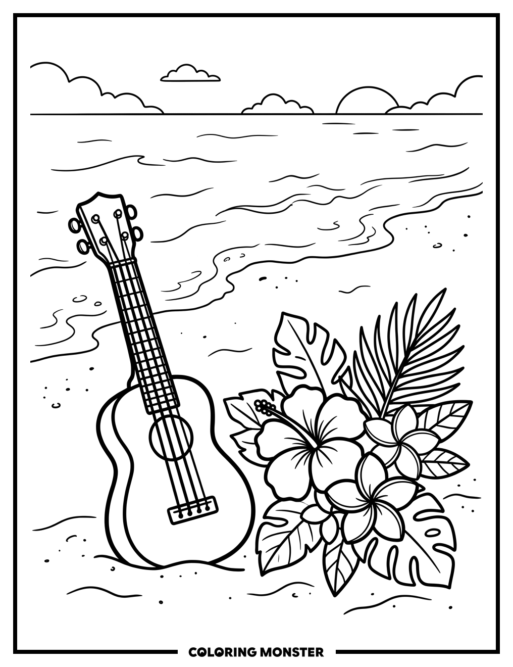 Ukulele on a Tropical Beach Coloring Page