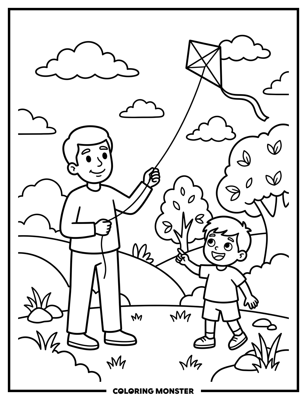 Uncle and Child Flying a Kite Coloring Page