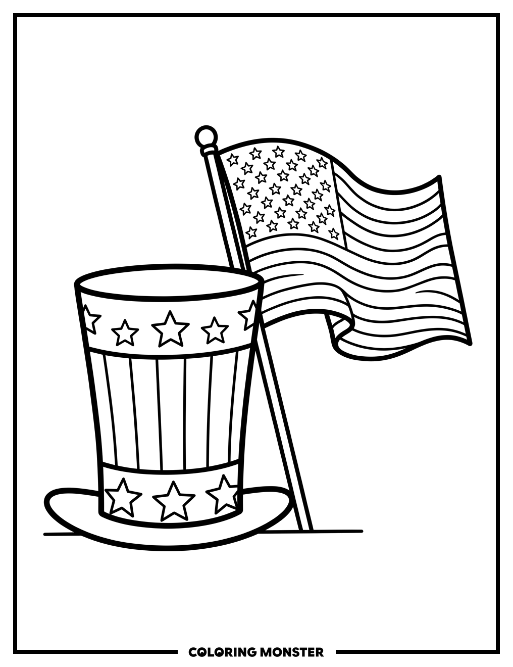 Uncle Sam Hat and American Flag Coloring Page