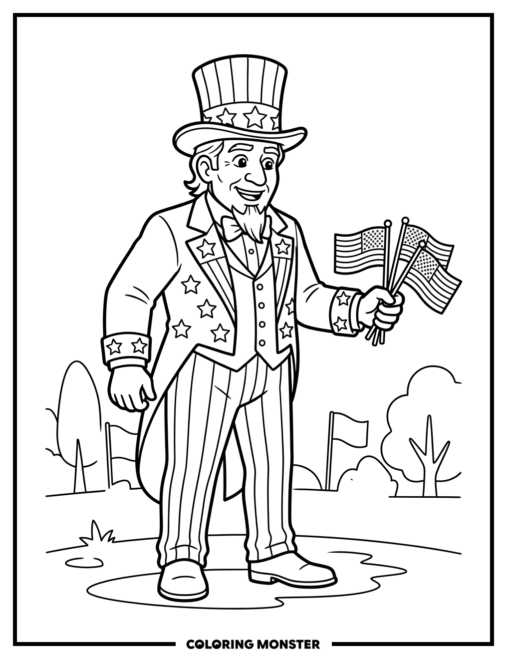 Uncle Sam Offers Flags Coloring Page