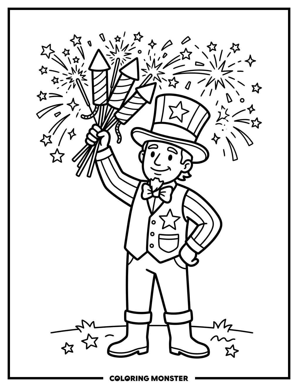 Uncle Sam With Fireworks Coloring Page