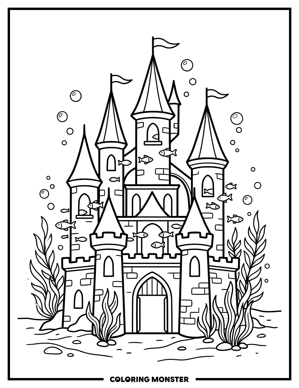 Underwater Castle Scene Coloring Page