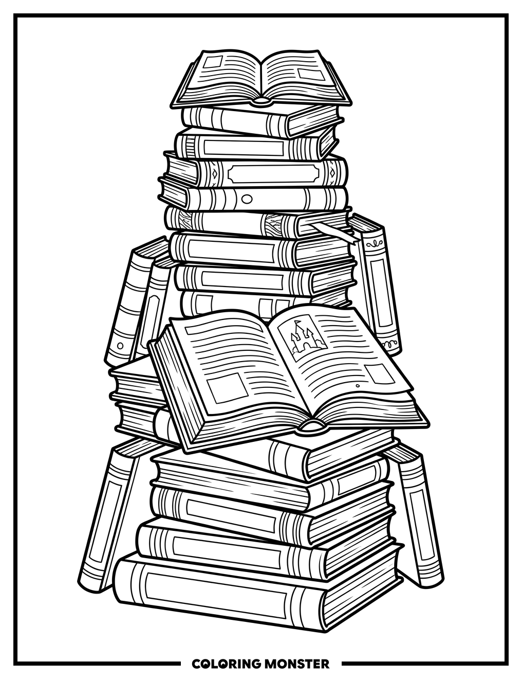 Uneven Stack of Open and Closed Books Coloring Page