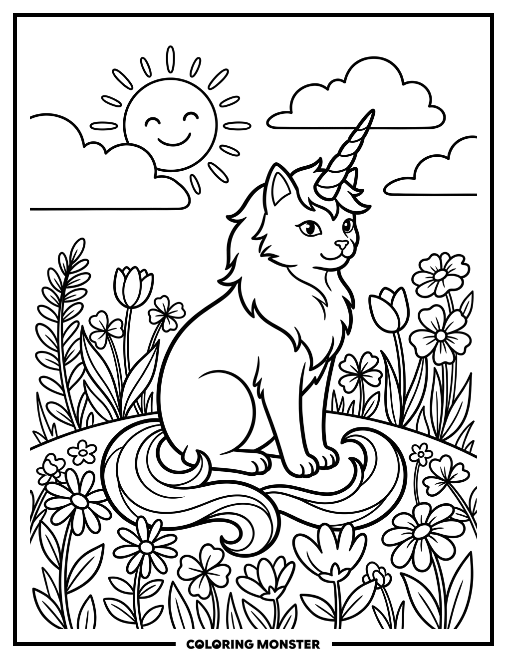 Unicat Among Flowers Coloring Page