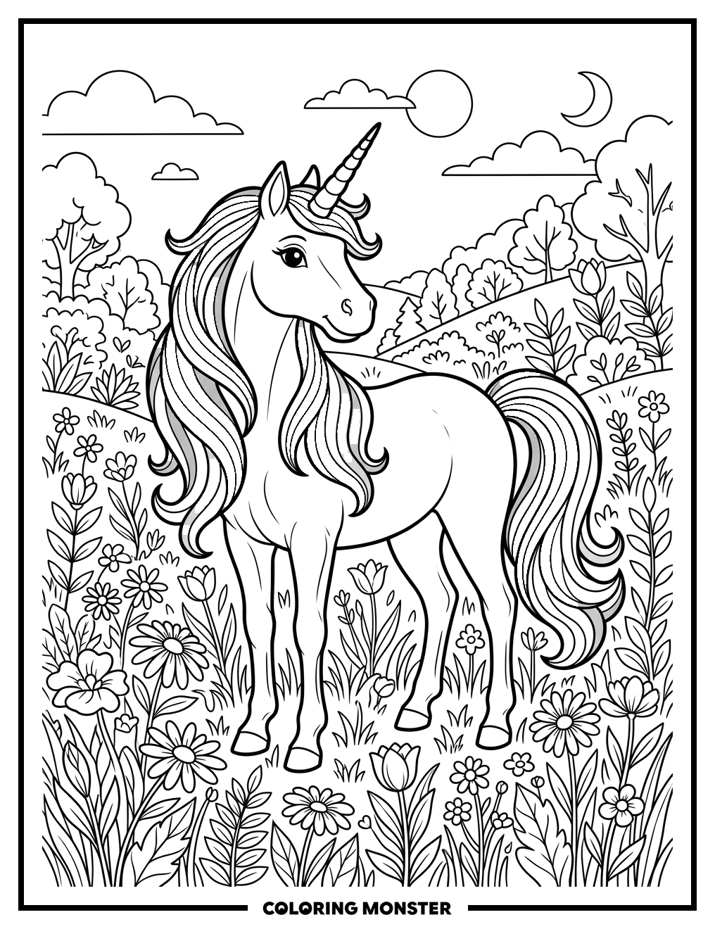 Unicorn Among Flowers Coloring Page