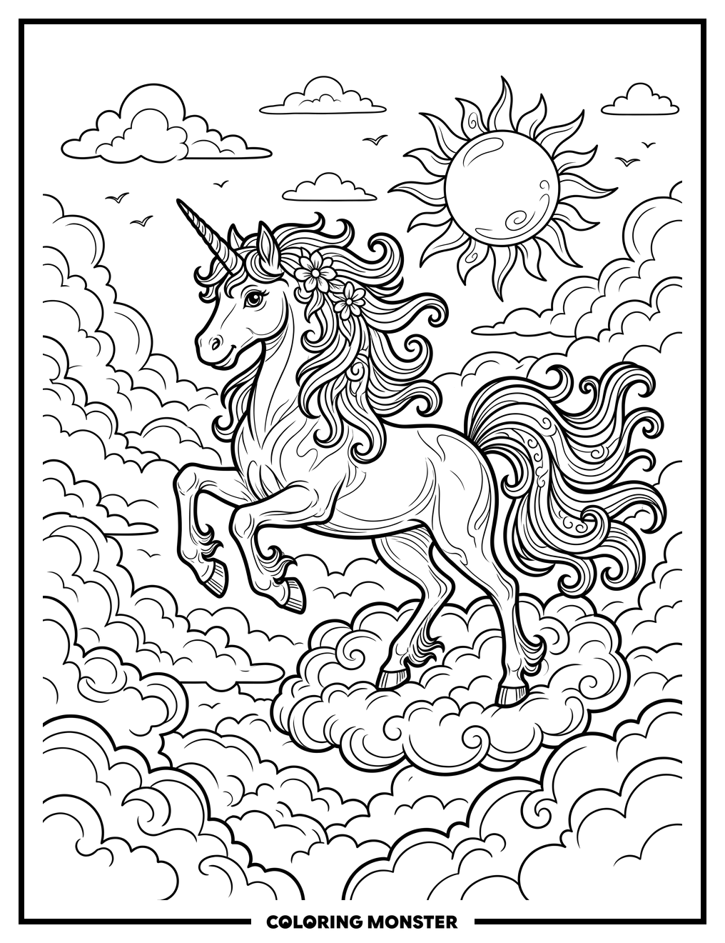 Unicorn Among the Clouds Coloring Page