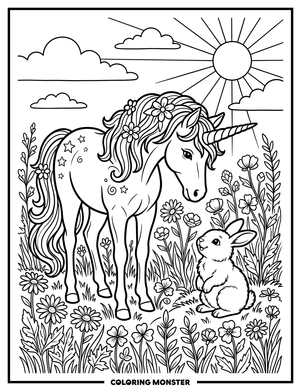Unicorn and Bunny in Meadow Coloring Page