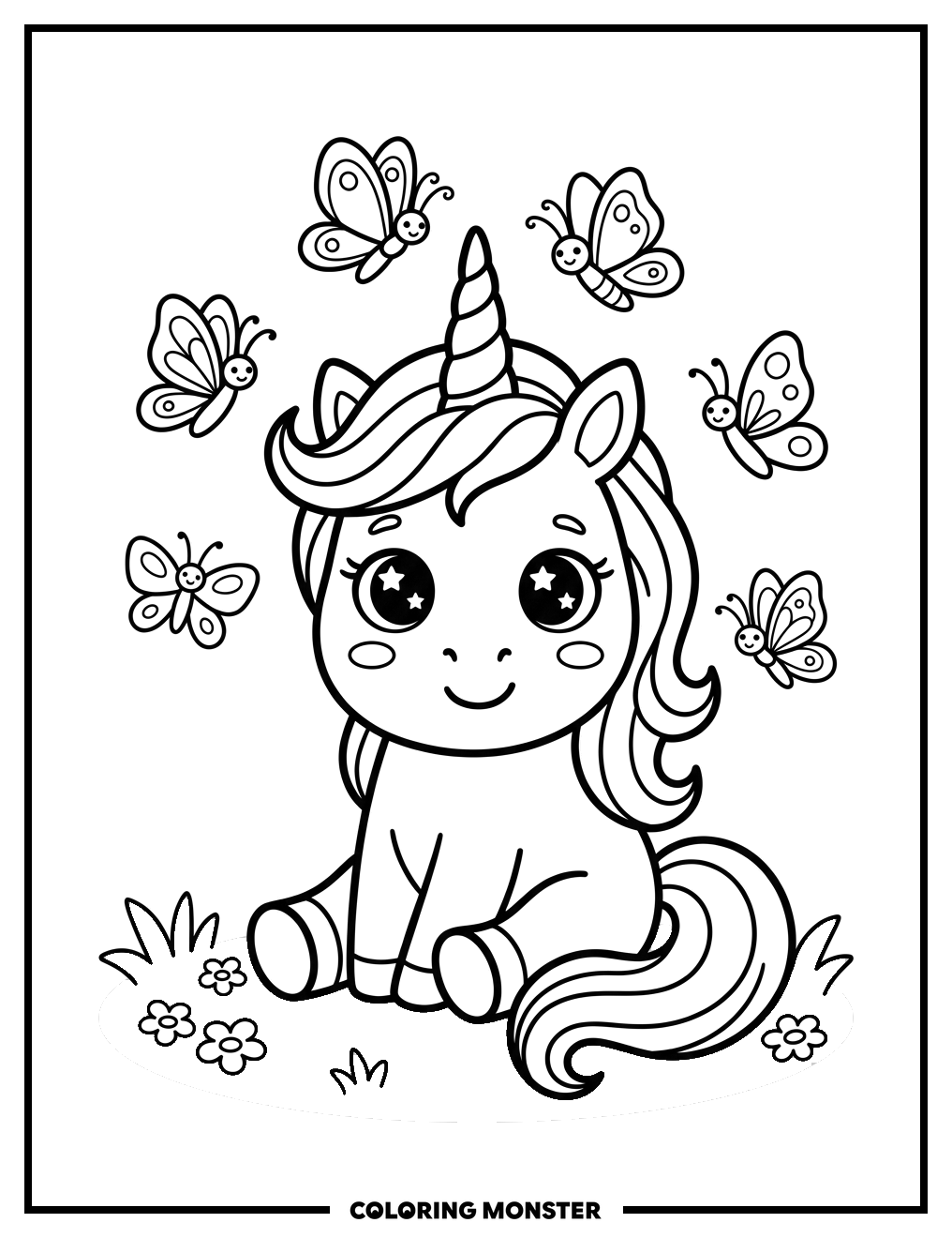 Unicorn and Butterflies Coloring Page