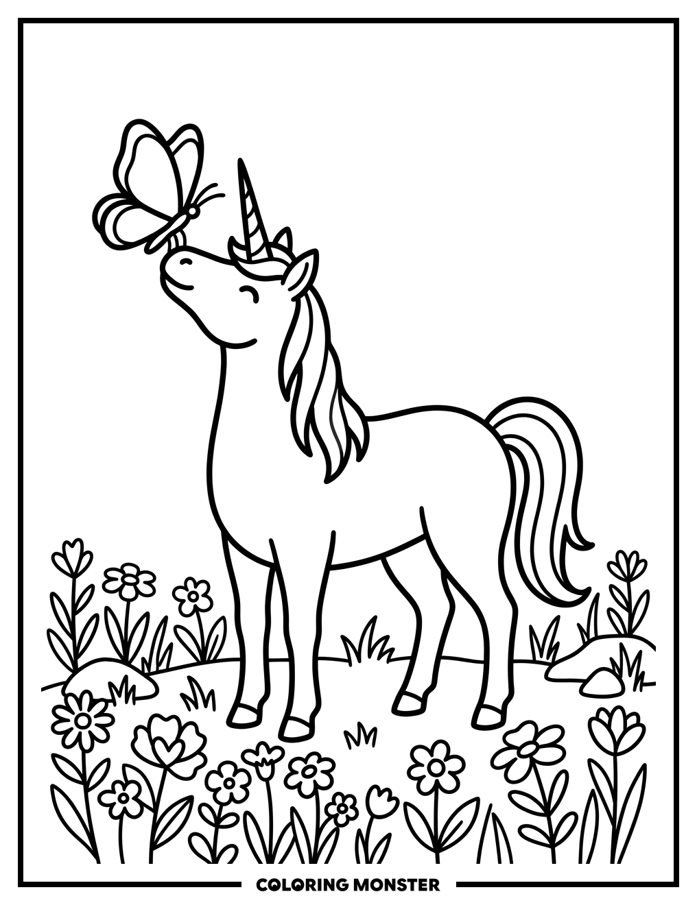 Unicorn and Butterfly Coloring Page