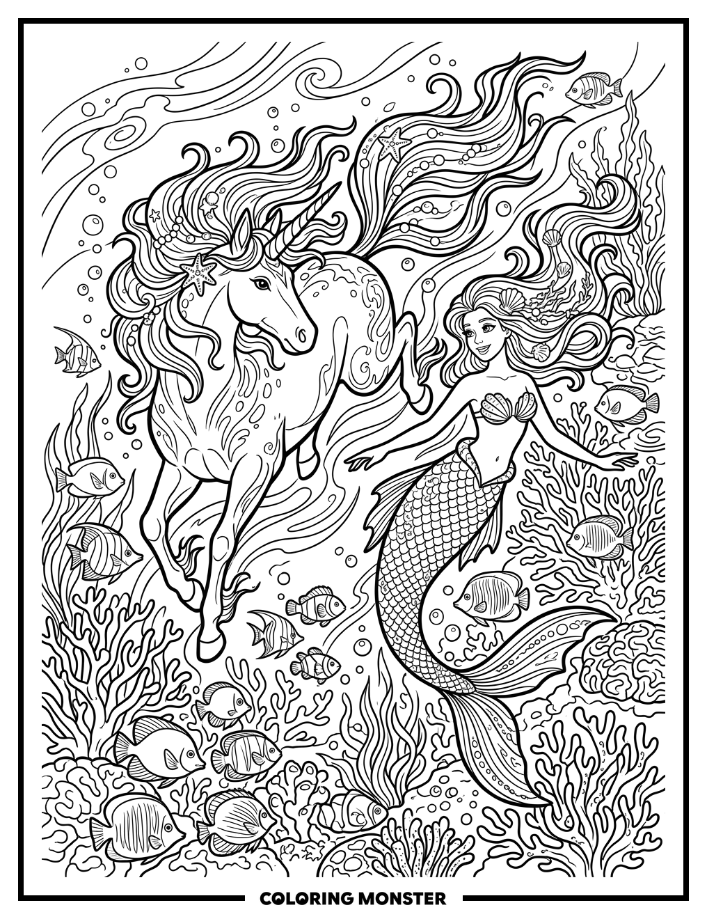 Unicorn and Mermaid Underwater Coloring Page