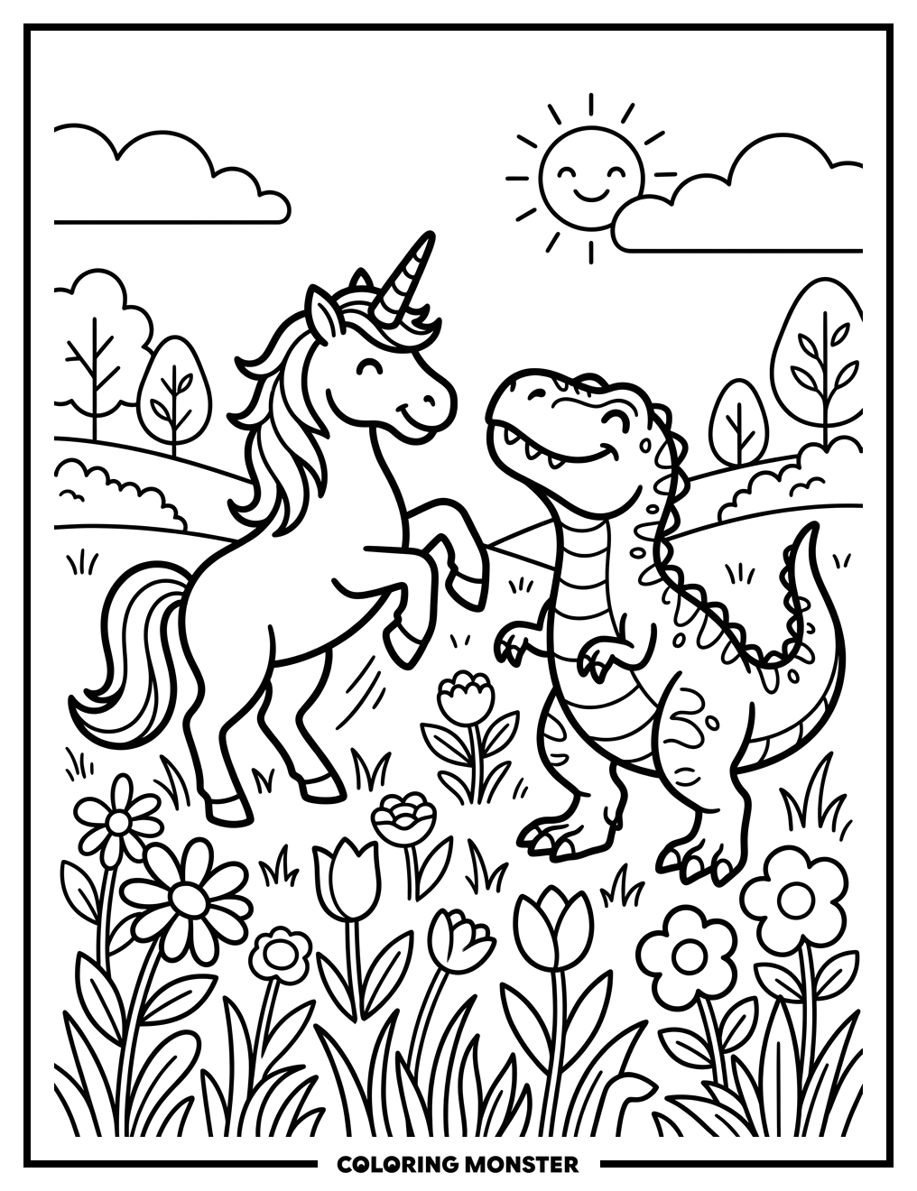 Unicorn and T-Rex Play In Meadow Coloring Page