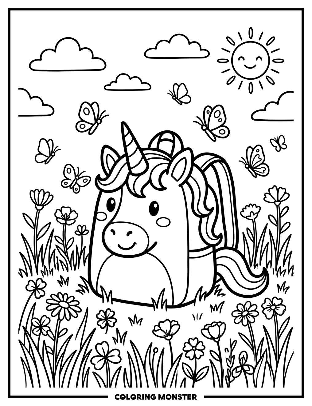 Unicorn Backpack in Meadow Coloring Page