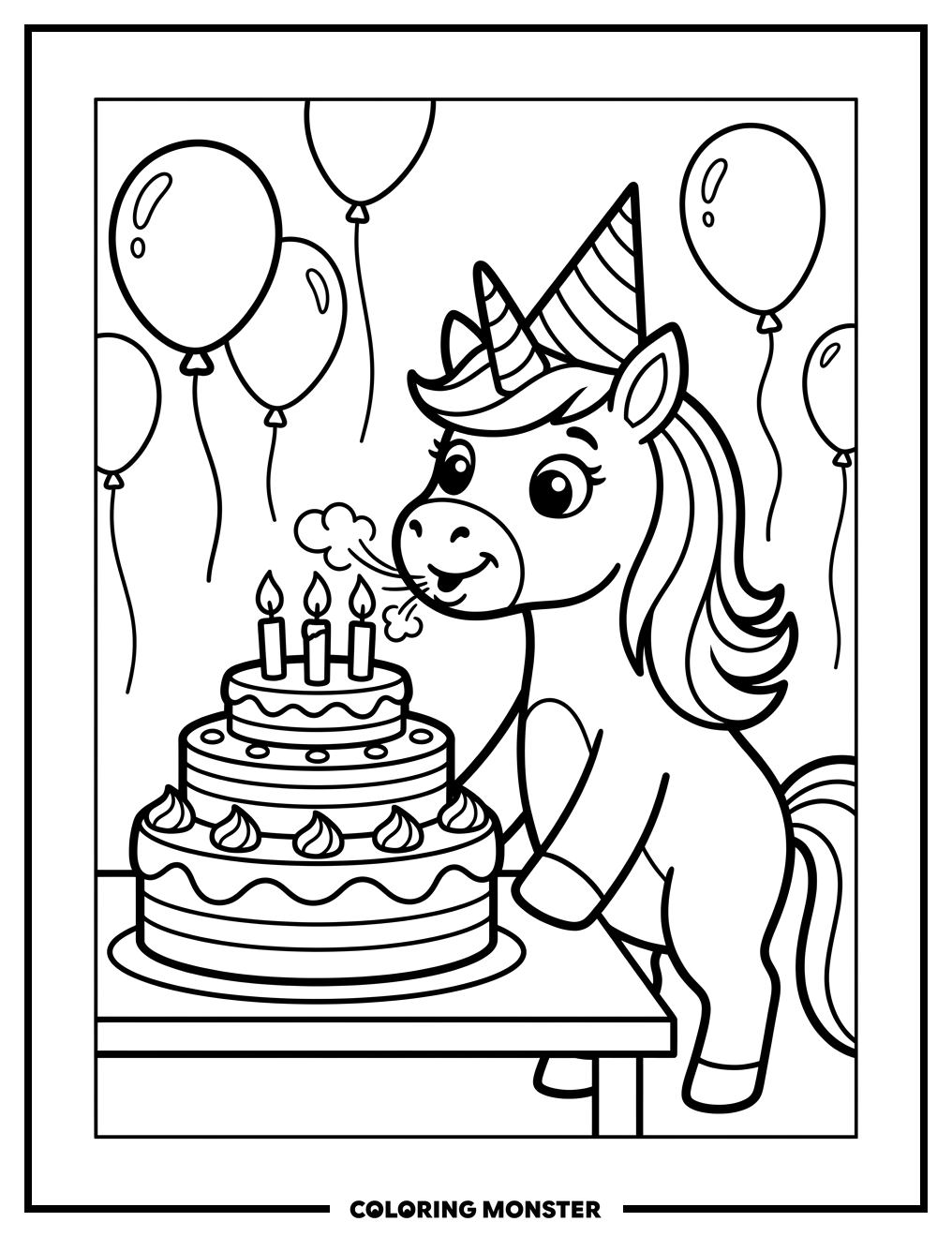 Unicorn Blowing Out Birthday Candles Coloring Page
