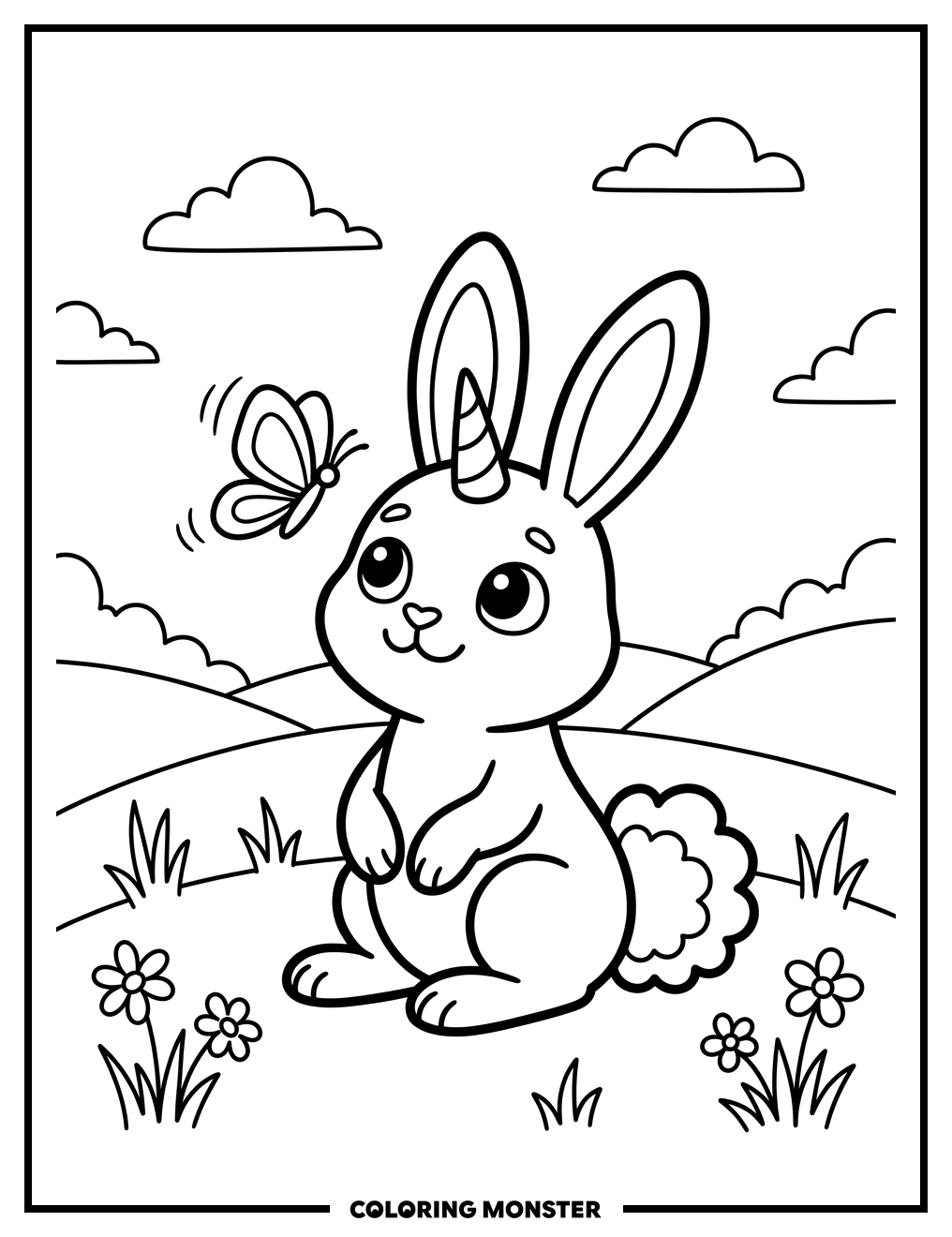 Unicorn Bunny and Butterfly Coloring Page