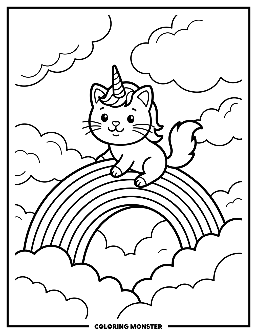 Unicorn-Cat Hybrid Riding a Rainbow Coloring Page
