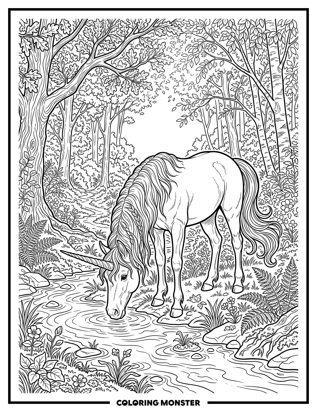 Unicorn Drinking From Forest Stream Coloring Page