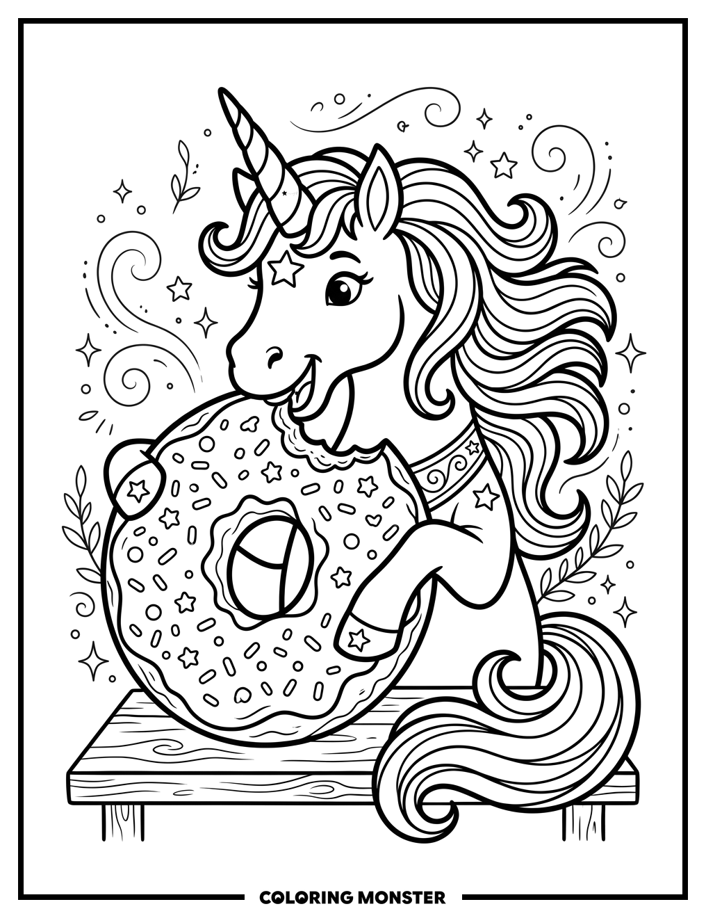 Unicorn Eating a Donut Coloring Page