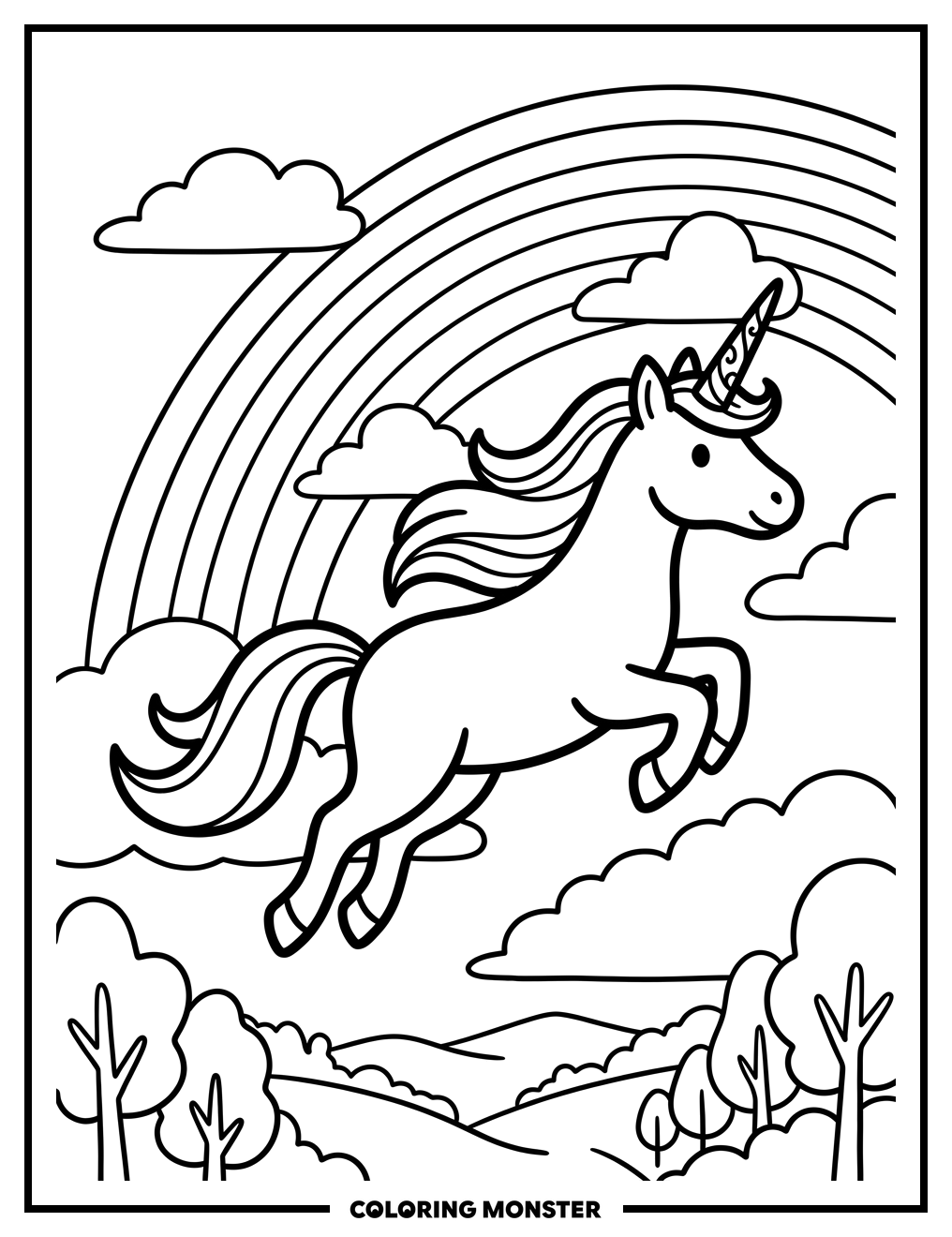 Unicorn Flying Through Rainbow Sky Coloring Page