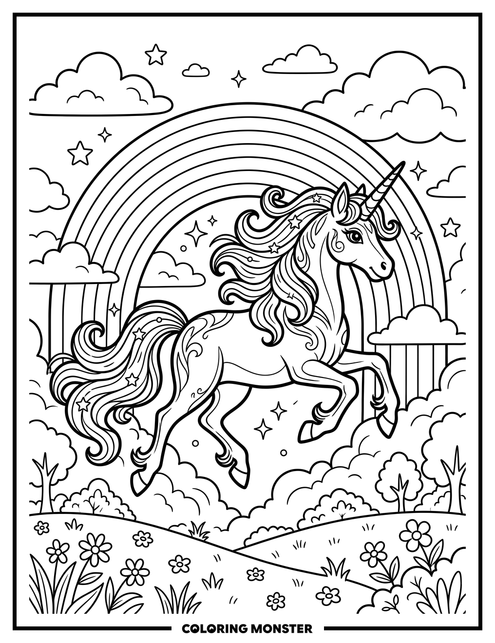 Unicorn Galloping Through Rainbow Coloring Page