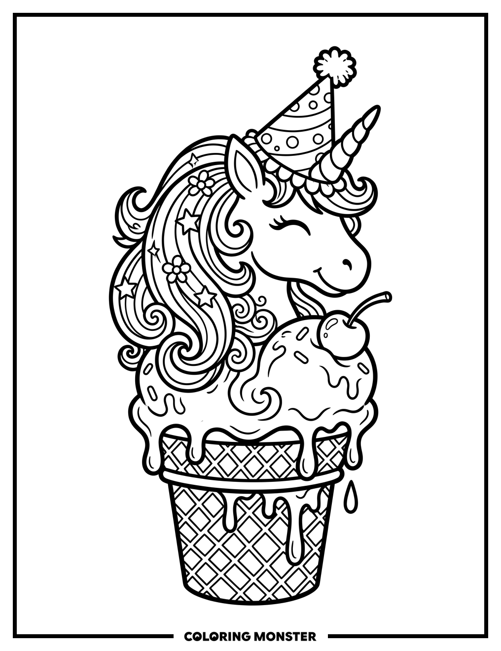 Unicorn Head on Ice Cream Cone Coloring Page