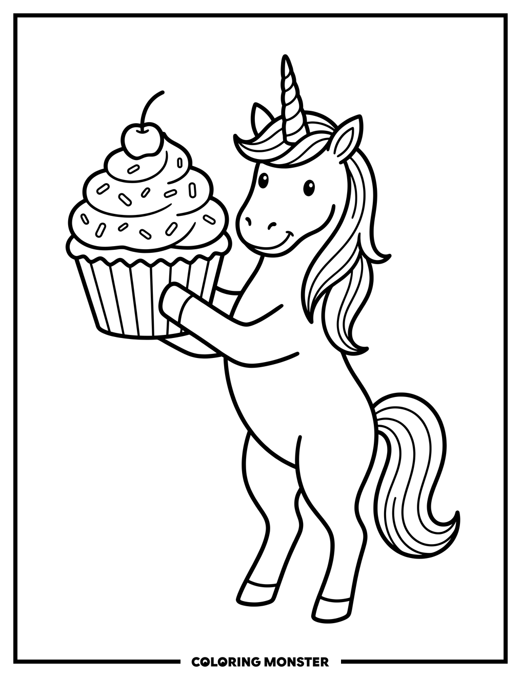 Unicorn Holding a Cupcake Coloring Page