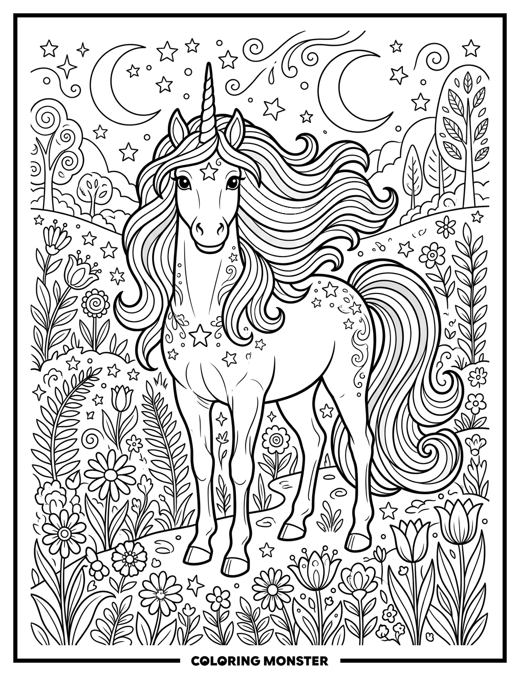 Unicorn in a Field of Flowers Coloring Page