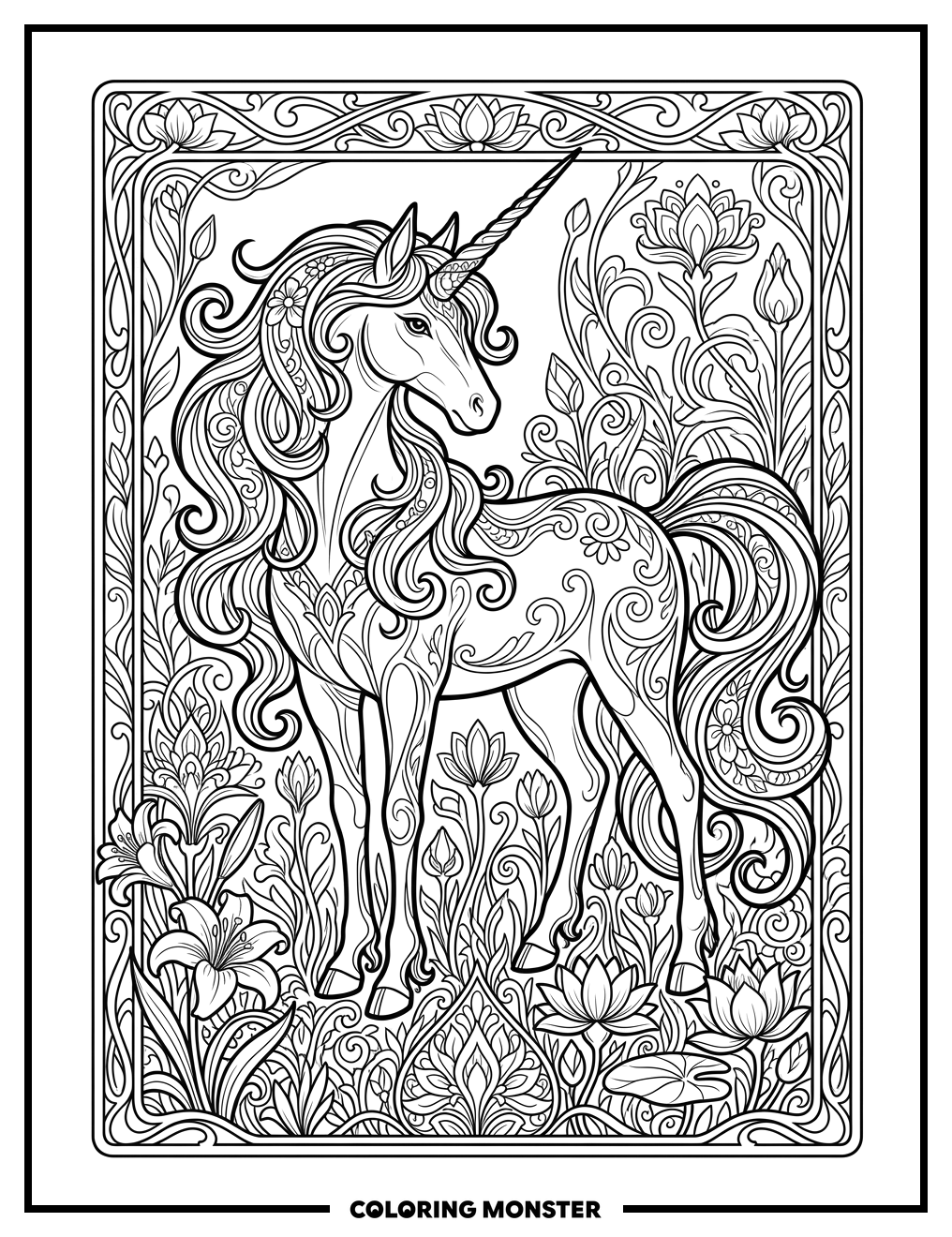 Unicorn in a Field of Flowers Coloring Page