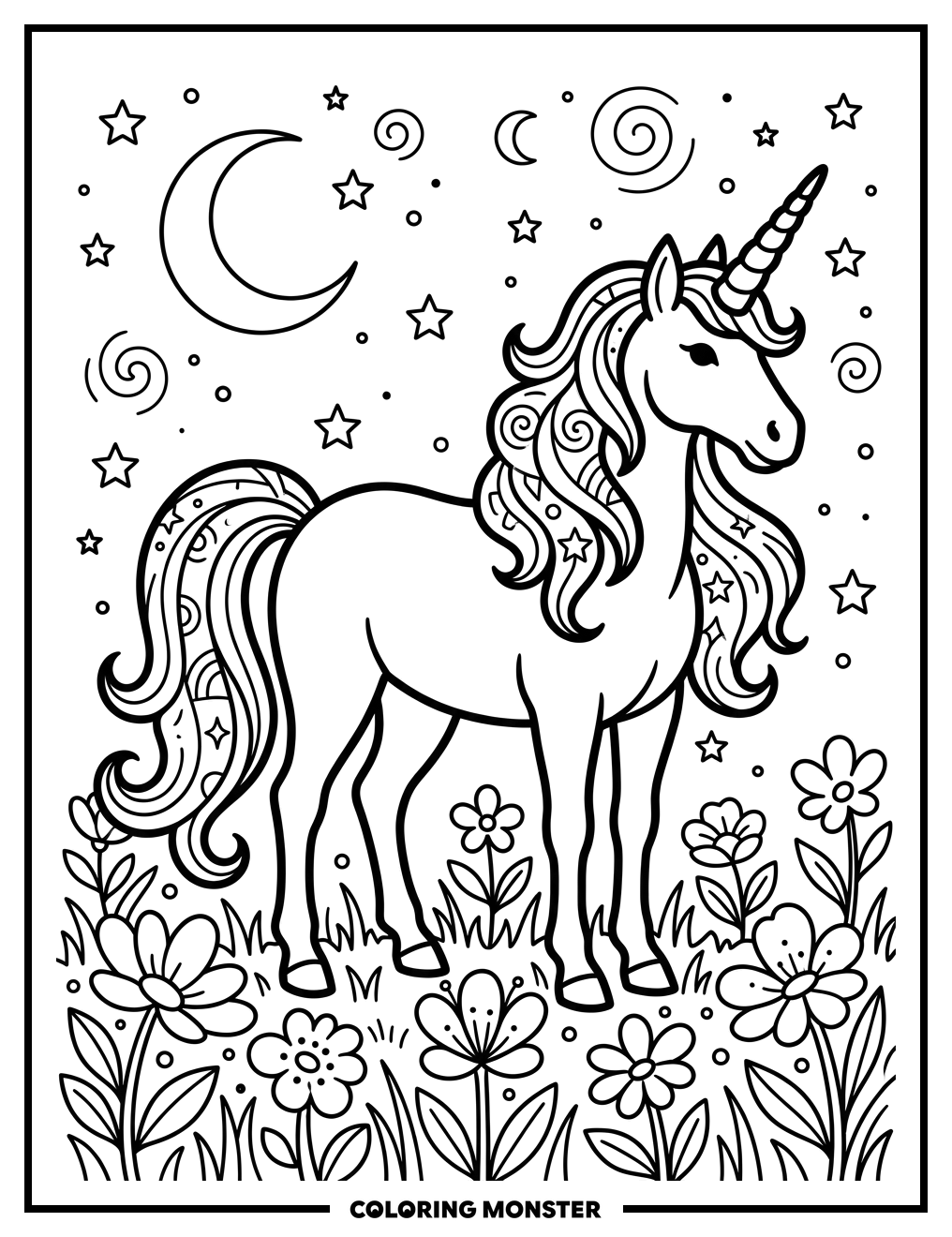 Unicorn in a Field of Glowing Flowers Coloring Page
