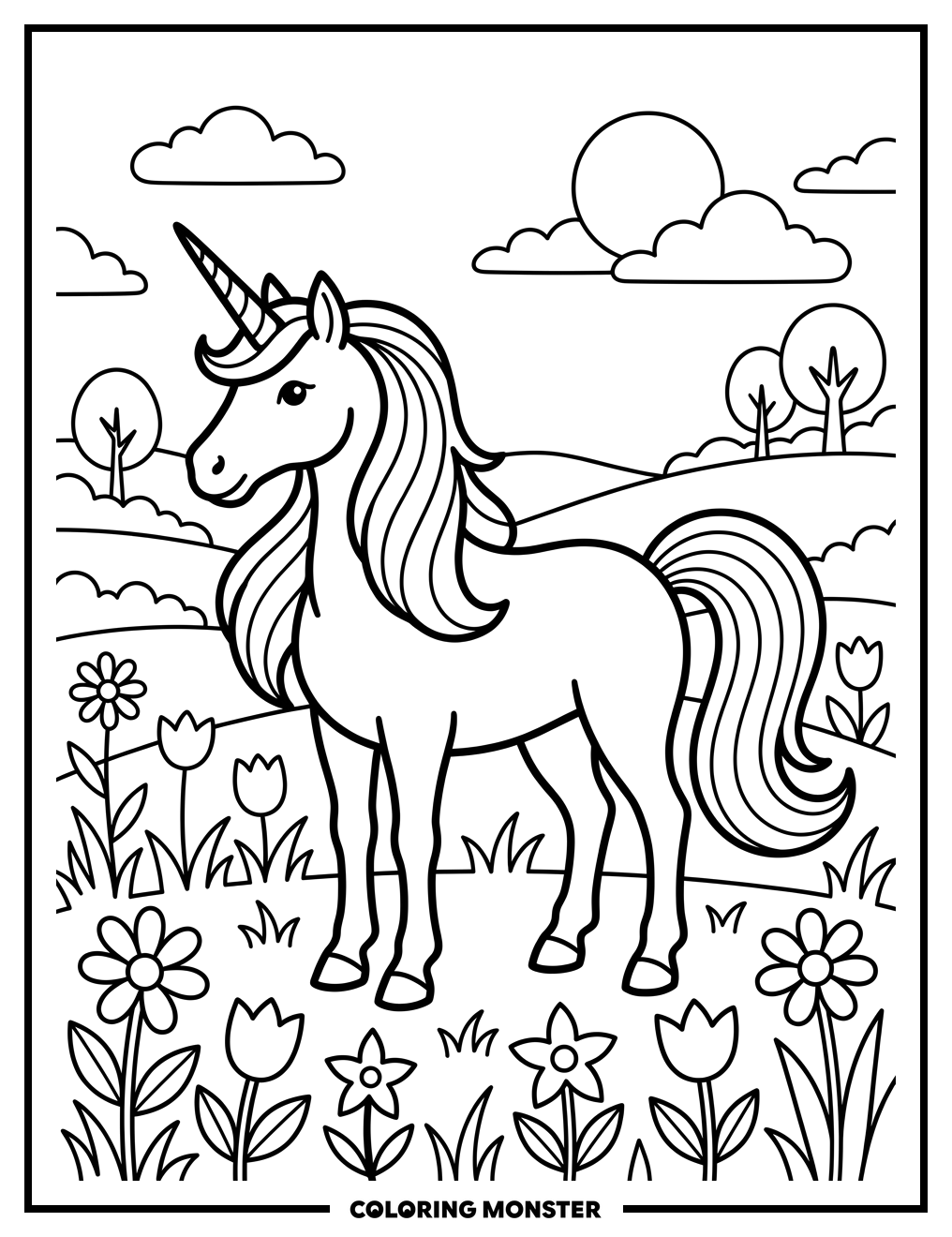 Unicorn in a Rainbow Field Coloring Page