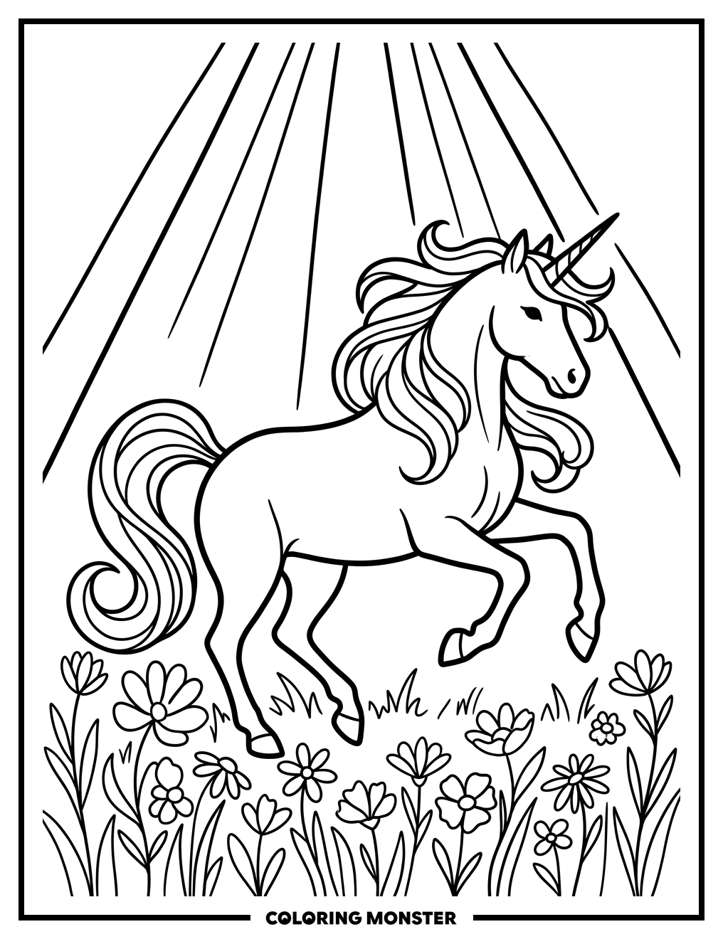 Unicorn in a Wildflower Meadow Coloring Page