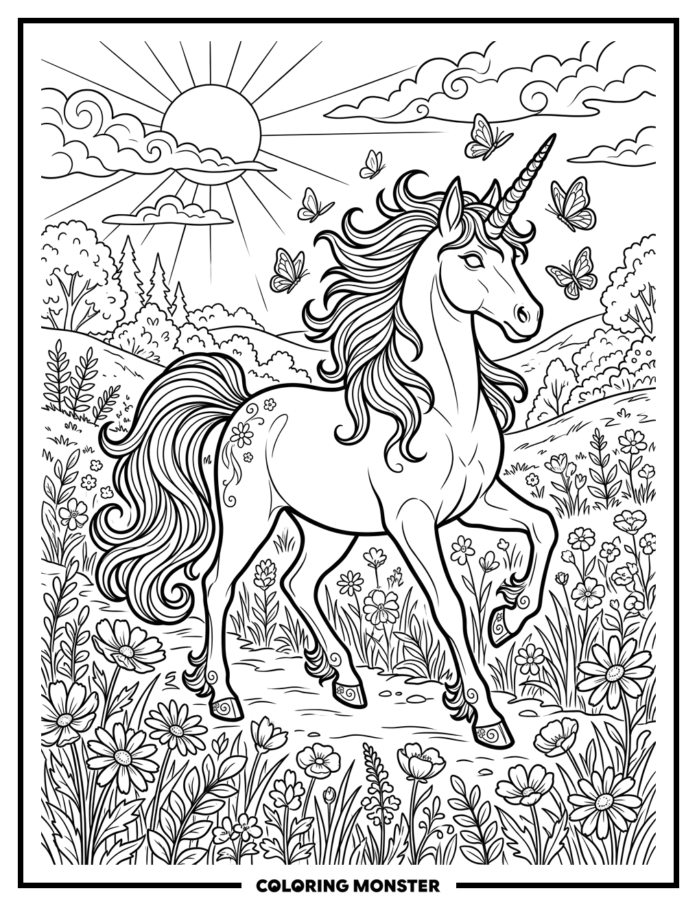 Unicorn in a Wildflower Meadow Coloring Page