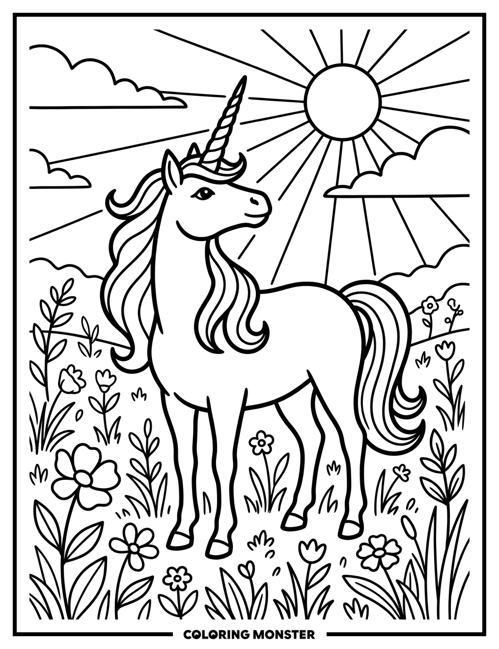 Unicorn in a Wildflower Meadow Coloring Page