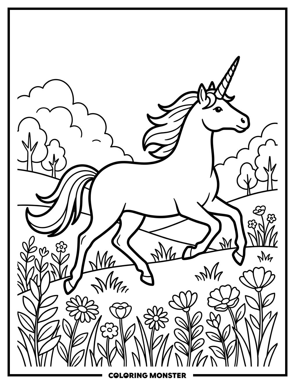 Unicorn in a Wildflower Meadow Coloring Page